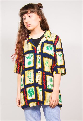 VINTAGE 90'S FLORAL PRINT OPEN COLLAR SHORT SLEEVE SHIRT