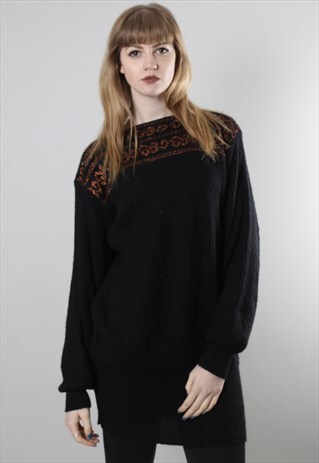 VINTAGE 80S BLACK RIBBED METALLIC PATTERNED JUMPER DRESS