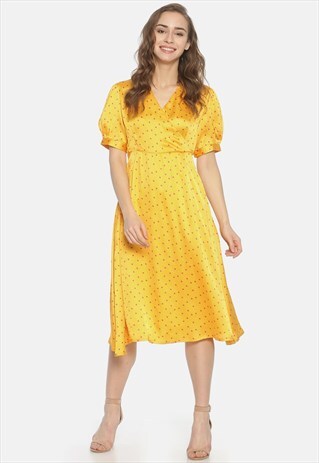 IS.U YELLOW WRAP NECK MIDI DRESS