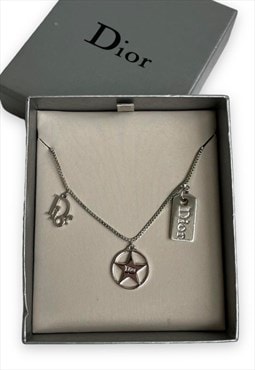 Vintage Dior necklace spellout tag star logo silver tone Y2K