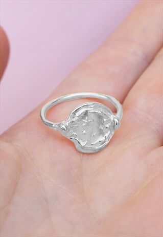 SILVER CELESTIAL MOON AND STARS RING HANDMADE