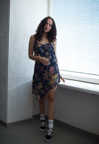 VINTAGE 90'S NAVY FLORAL SLIP ASYMMETRIC DRESS