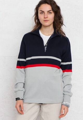 VINTAGE GREY BLUE RED ADIDAS 1/4 ZIP KNIT JUMPER SWEATER