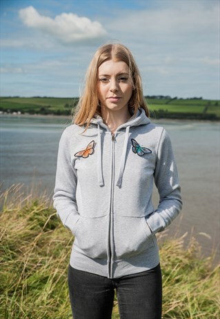 EMBROIDERED 3D MONARCH BUTTERFLY ZIP UP HOODIE