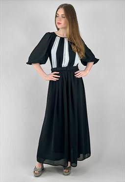 70's Vintage Black White Stripe Short Sleeve Maxi Dress