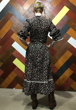 VINTAGE 70'S BLACK LONG CHINTZ PRINT DRESS