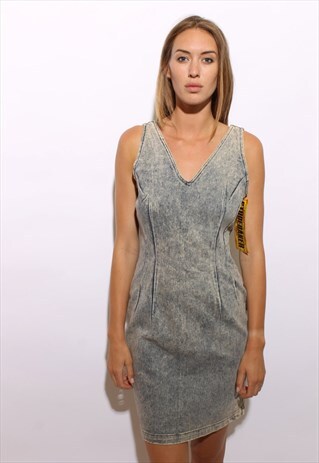 VINTAGE 1980'S 80'S BACKLESS ACID WASH DENIM BODY CON L-XL