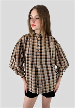 70's Vintage Check Smock Blouse Brown Gold Lurex 