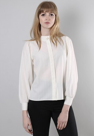 VINTAGE 60S CREAM TEXTURED PUFF SLEEVE BLOUSE TOP