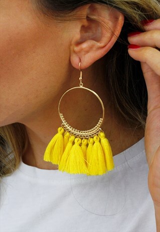YELLOW TASSEL FRINGE HOOP CHANDELIER EARRINGS