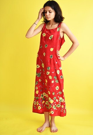 90'S RETRO MINIMALIST FLORAL PATTERN RED MAXI DRESS