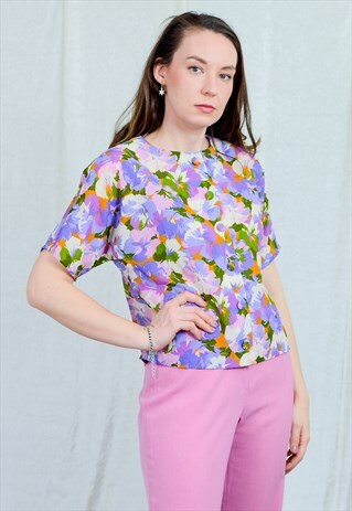 FLORAL TOP VINTAGE SHIRT PAINTING FLOWERS PATTERN RAINBOW L