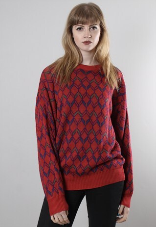 VINTAGE 80S RED GEOMETRIC PATTERNED JUMPER