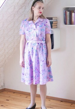 Light purple floral shirt style belted dress