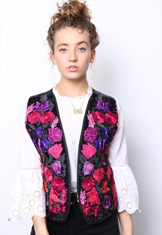 VINTAGE PINK FLORAL EMBROIDERED BOHO WAISTCOAT