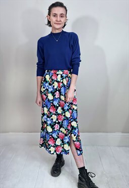 Vintage 80's Blue, Red and Yellow Floral Split Midi Skirt