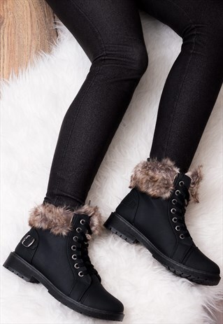 FUFFA LACE UP FLAT FUR STYLE ANKLE BOOTS - BLACK