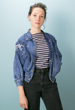 VINTAGE CROPPED EMBROIDERED DENIM BOMBER JACKET