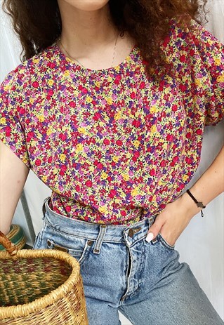 VINTAGE 80S SUMMER GARDEN FLORAL PRINT BOHEME BLOUSE TOP