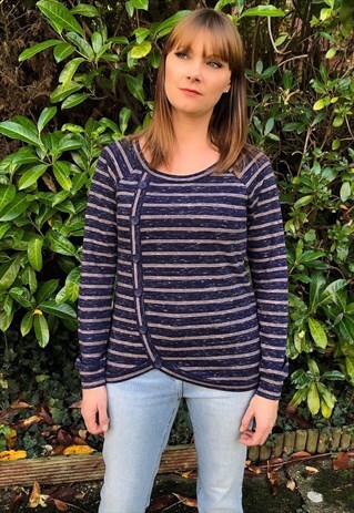 BLUE STRIPED BUTTON DETAIL JERSEY TOP