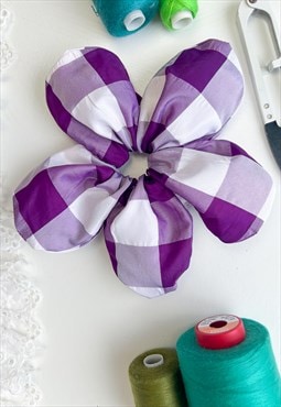 Purple Gingham Taffeta Oversize Flower Scrunchie