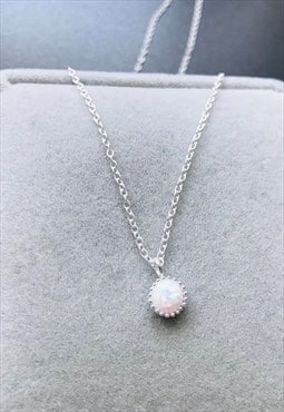 Simple Fire-snow Round Opal Necklace Single, Dainty 18 inch 