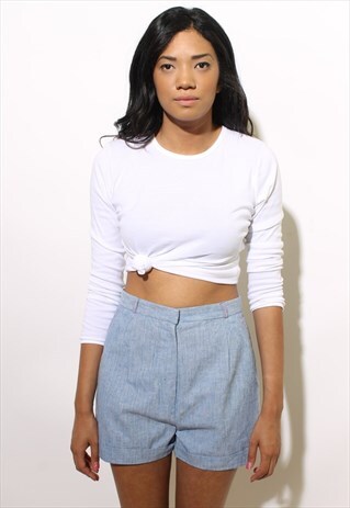 VINTAGE 1960'S 60'S LIGHT BLUE COTTON SHORTS HIGH WAIST XS-S