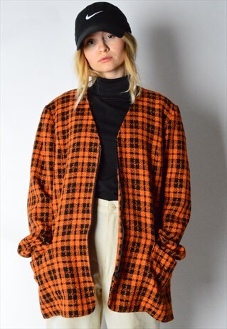VINTAGE 70S ORANGE CHECK WOOL BLEND ZIPPER JACKET