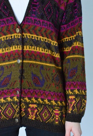 VINTAGE90S KHAKI GREEN COLOURFUL ABSTRACT SWAN KNIT CARDIGAN