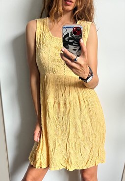 Yellow Rayon Mini Boho Casual Embroidered Simple Dress S