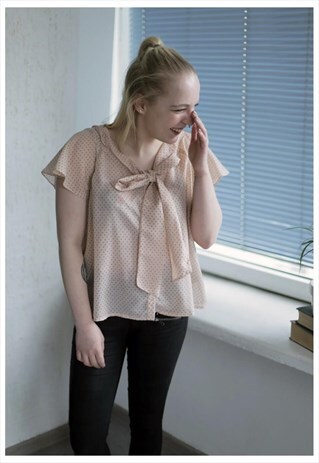 VINTAGE CREAM PINK POLKA DOTS SHORT SLEEVES BOW BLOUSE