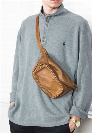 VINTAGE BROWN LEATHER CROSS BODY BUM BAG 90S X 9.2