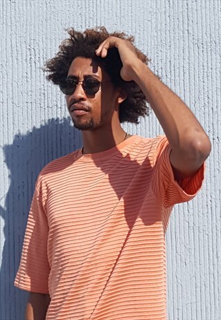 90S MINIMALIST LUXURY TEXTURED ORANGE SILK BLEND TEE LARGE