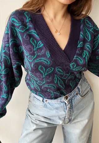 VINTAGE 80S PAISLEY ABSTRACT KNIT JUMPER SWEATER PULLOVER