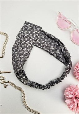 Handmade grey logo print crossed hair holder secure headband