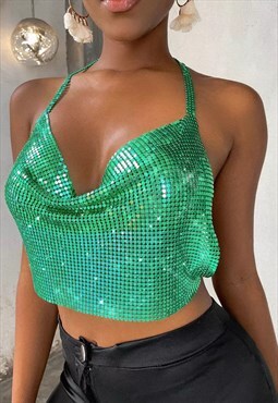 Y2K Chainmail metallic backless crop top in green