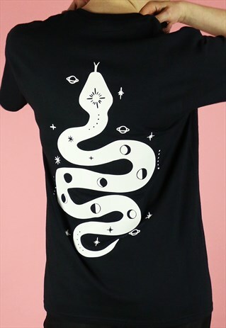 SPACE SNAKE MOON PHASE BACK GRAPHIC PRINT T-SHIRT TOP BLACK