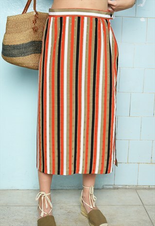 VINTAGE 70S HAUTE BOHEME STRIPED MOD PRINT MIDI SKIRT BOHO
