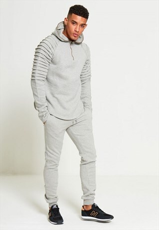 MENS GREY RIBBED DETAIL HOODED TRACKSUIT