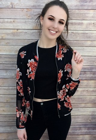 SHEER FLORAL BOMBER JACKET