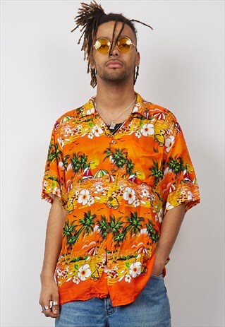 VINTAGE 80'S ORANGE BEACH PRINT HAWAIIAN SHIRT