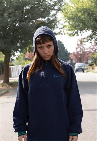 VINTAGE 90S NIKE LOGO QUARTER ZIP HOODIE IN A CHARCOAL NAVY