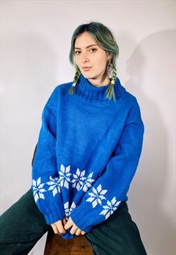 Vintage Size XL Hand Knit Chunky Nordic Jumper in Blue