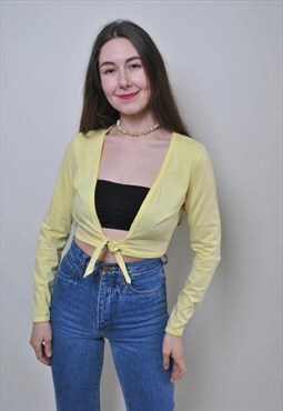 Long sleeve crop top, yellow tie top, deep v top, Size M