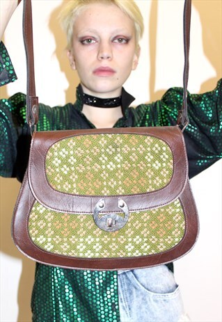 60S VINTAGE BROWN FAUX LEATHER GREEN BAG FESTIVAL BOHO