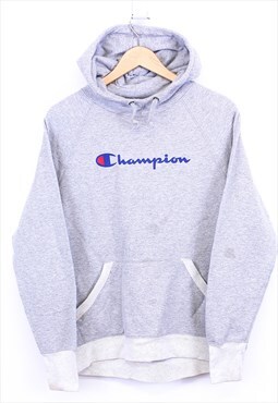 Vintage Champion Hoodie Grey Pullover With Chest Logo 90s 