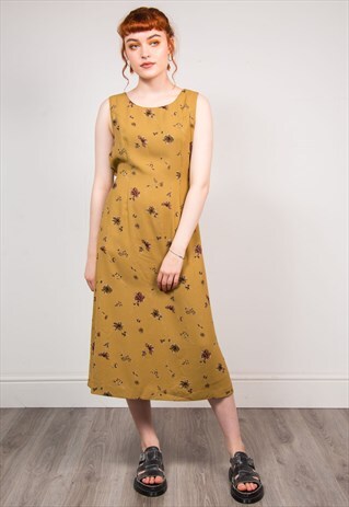 VINTAGE 90'S BROWN FLORAL PATTERN SHIFT SUMMER MIDI DRESS