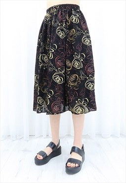 80s Vintage Brown & Black Floral Midi Skirt (Size M/L)