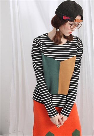(KOREAN) BRETON STRIPE JERSEY TOP WITH PATCHWORK BLACK COM