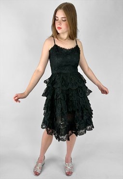 60's Vintage Black Lace Slip Tiered Evening Cocktail Dress